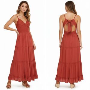 No Comment Womens Maxi Dress Large Orange  A-Line Shape Crochet Lace Tiered